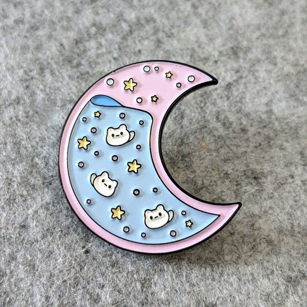 Moon Full of Cats Pin - Whimsical Blue and Pink Brooch